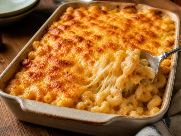 Golden baked cavatappi mac and cheese in a baking dish with a browned cheese crust and bubbly edges.