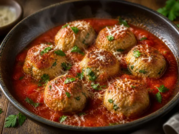 Golden chicken meatballs simmered in red marinara sauce in a black skillet, garnished with grated parmesan cheese.