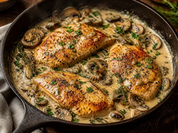 Golden seared chicken breasts and sliced cremini mushrooms in a rich garlic cream sauce in a skillet garnished with fresh parsley.