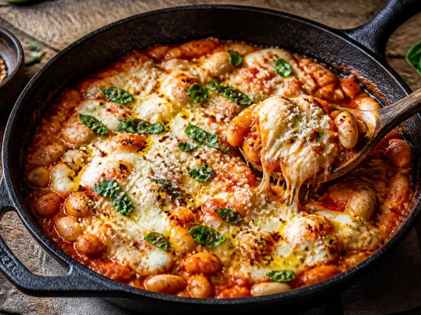 Skillet of white beans simmered in tomato sauce topped with melted mozzarella and fresh basil leaves